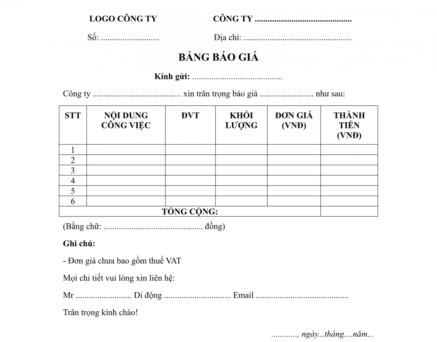 Bảng báo giá mẫu cực chuẩn